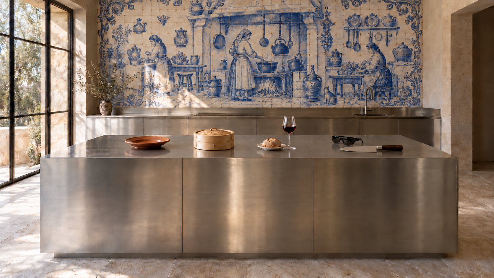 Cuisine en inox avec un mur d’azulejos portugais anciens, une assiette en terre cuite, un panier vapeur japonais, un verre de Bordeaux et des lunettes de soleil avec un couteau japonais